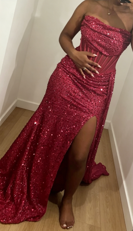 Sexy Hot Pink Prom Dress Strapless Sheath Sequins Long Evening Dress ED08499