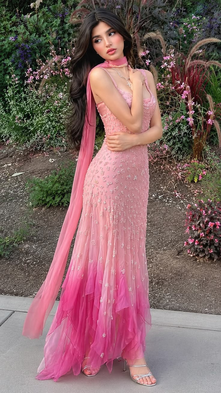 Romantic Spaghetti Straps Sheath Chiffon Evening Dress Pink Prom Dress ED08501