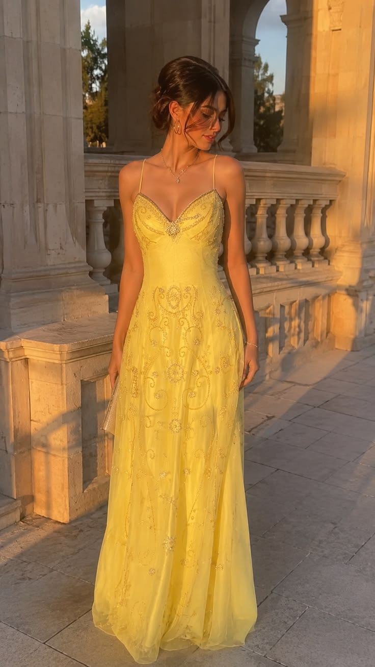 Romantic Spaghetti Straps Sheath Beaded Chiffon Evening Dress Yellow Prom Dress ED08502