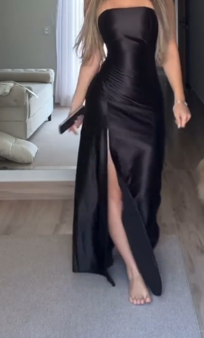 Simple Strapless Sheath Satin Evening Dress Black Prom Dress ED08504