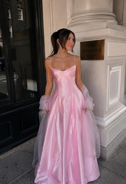 Cute Spaghetti Straps A-Line Satin Evening Dress Pink Prom Dress ED08505