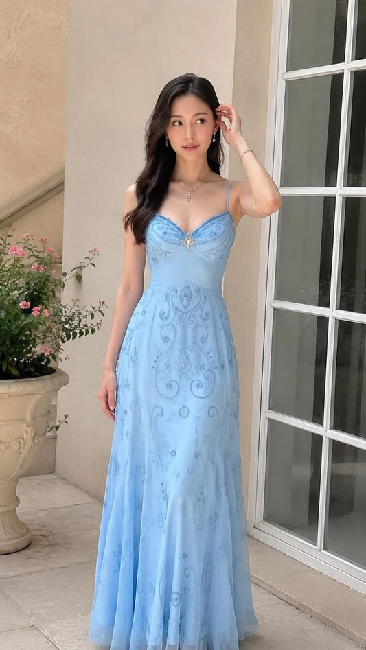 Cute Spaghetti Straps A-Line Chiffon Beaded Evening Dress Blue Prom Dress ED08506