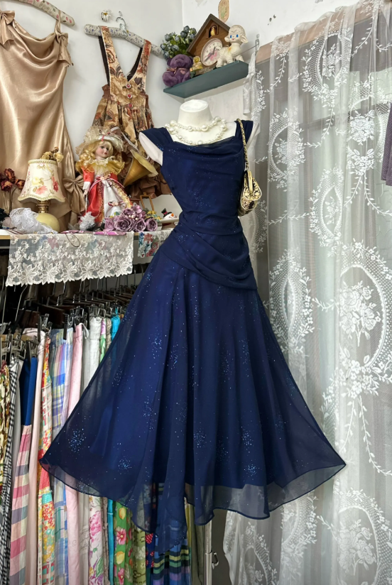 Cute Straps A-Line Chiffon Evening Dress Navy Blue Prom Dress ED08509