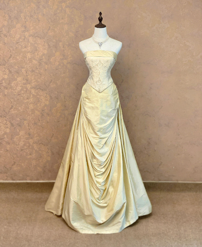 Cute Strapless A-Line Satin Evening Dress Yellow Prom Dress ED08510