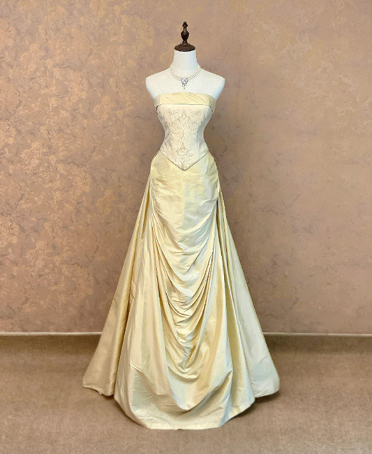 Cute Strapless A-Line Satin Evening Dress Yellow Prom Dress ED08510