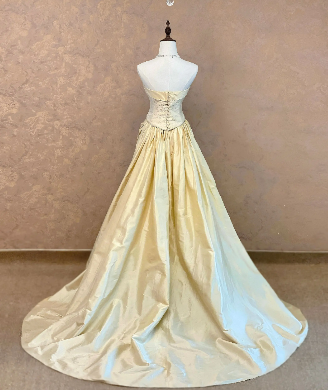 Cute Strapless A-Line Satin Evening Dress Yellow Prom Dress ED08510