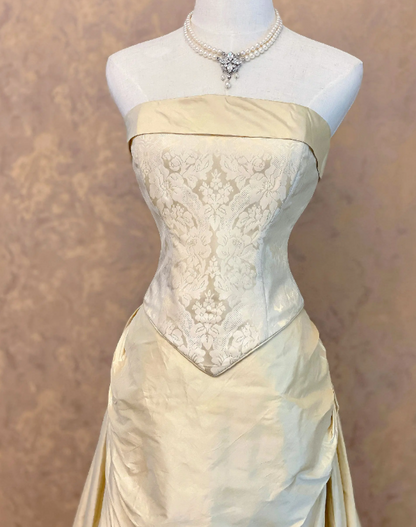 Cute Strapless A-Line Satin Evening Dress Yellow Prom Dress ED08510