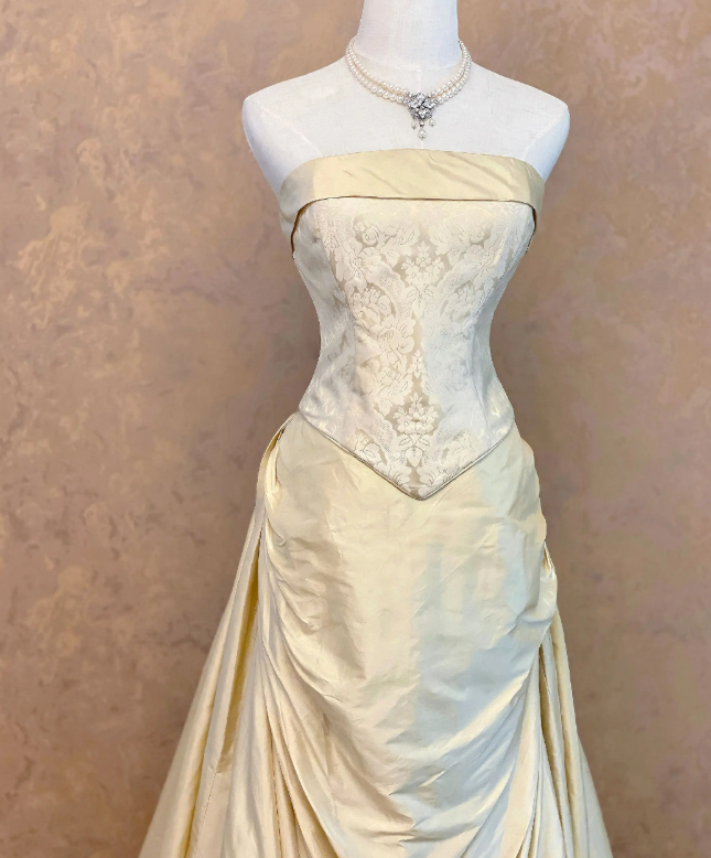Cute Strapless A-Line Satin Evening Dress Yellow Prom Dress ED08510