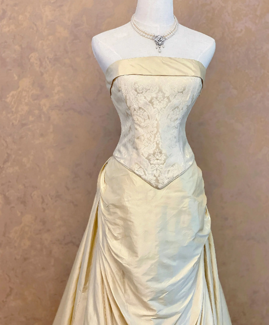 Cute Strapless A-Line Satin Evening Dress Yellow Prom Dress ED08510