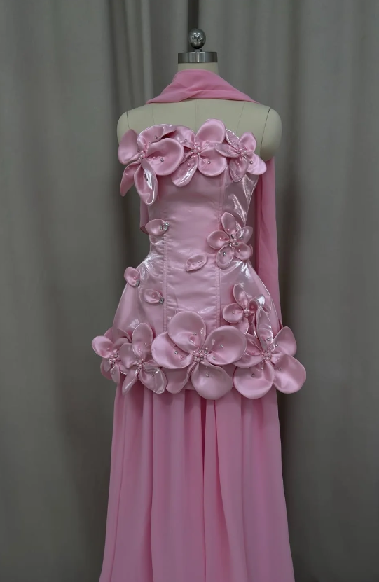 Cute Strapless Sheath Satin Chiffon Evening Dress Pink Prom Dress ED08511