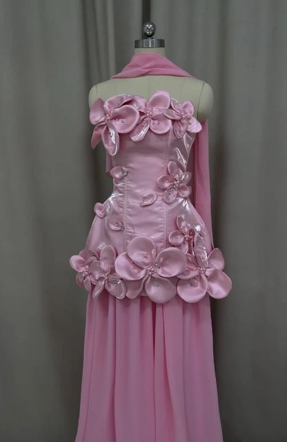 Cute Strapless Sheath Satin Chiffon Evening Dress Pink Prom Dress ED08511