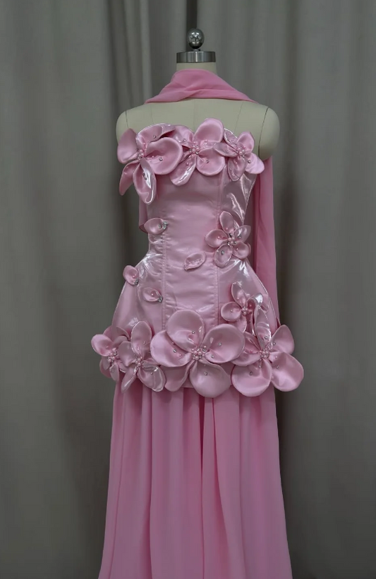 Cute Strapless Sheath Satin Chiffon Evening Dress Pink Prom Dress ED08511