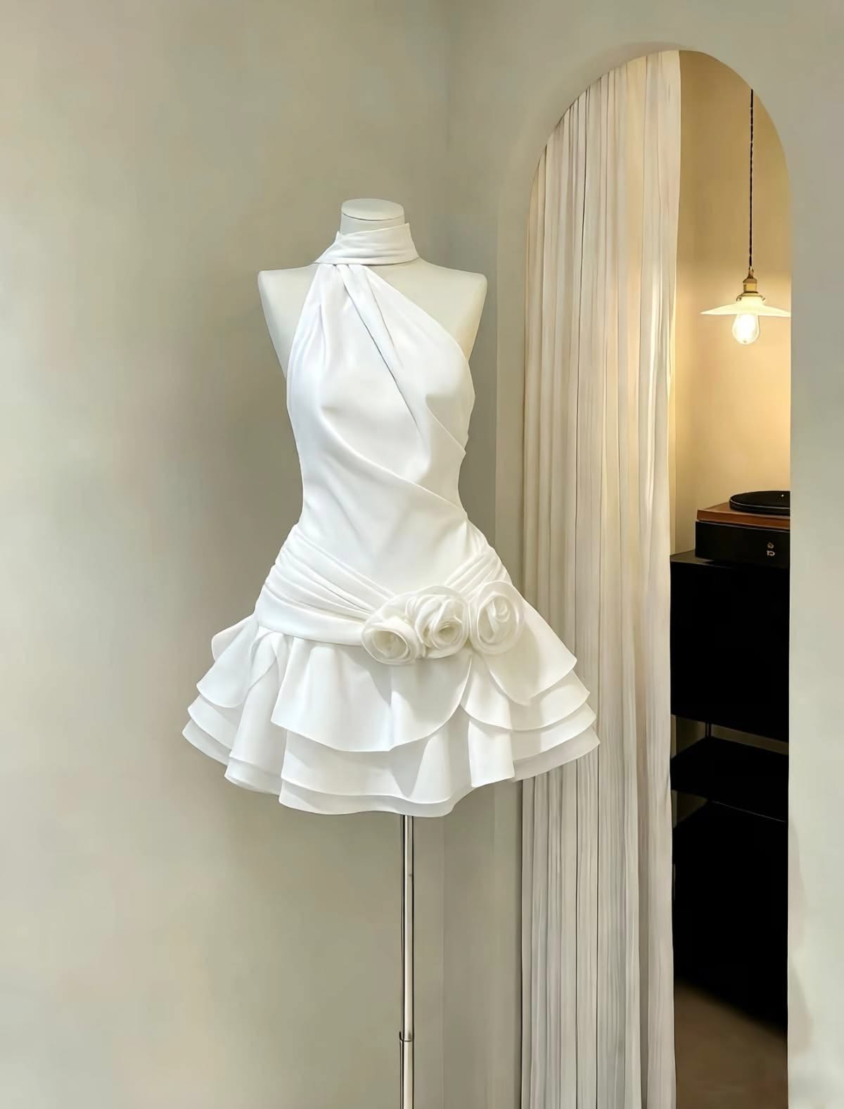 Sexy Halter Birthday Dress Sheath Satin Short Party Dress White Prom Dress ED08517