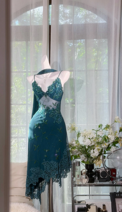 Chic Spaghetti Straps Sheath Teal Short Prom Dress Beaded Chiffon Summer Outfit ED08525