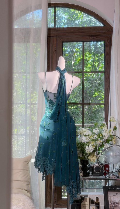Chic Spaghetti Straps Sheath Teal Short Prom Dress Beaded Chiffon Summer Outfit ED08525
