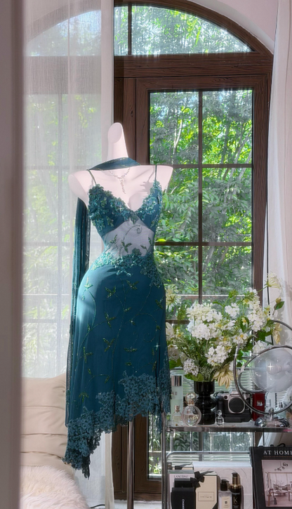 Chic Spaghetti Straps Sheath Teal Short Prom Dress Beaded Chiffon Summer Outfit ED08525
