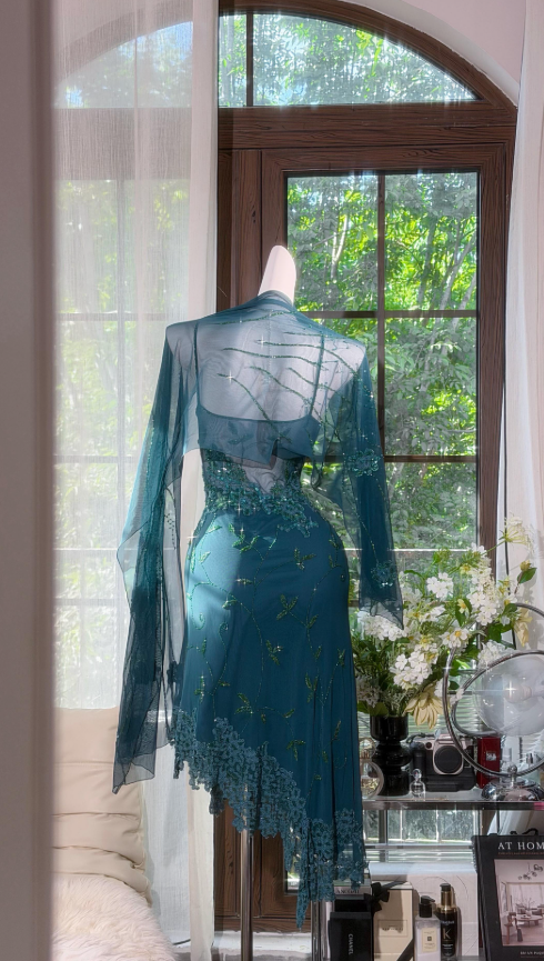 Chic Spaghetti Straps Sheath Teal Short Prom Dress Beaded Chiffon Summer Outfit ED08525