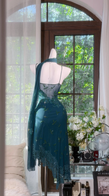 Chic Spaghetti Straps Sheath Teal Short Prom Dress Beaded Chiffon Summer Outfit ED08525