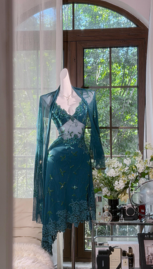 Chic Spaghetti Straps Sheath Teal Short Prom Dress Beaded Chiffon Summer Outfit ED08525