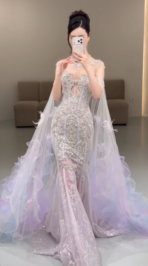 Chic Off-shoulder Mermaid Beaded Tulle Long Evening Dress Light Purple Prom Dress ED08530
