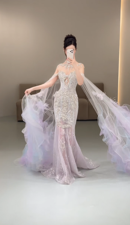 Chic Off-shoulder Mermaid Beaded Tulle Long Evening Dress Light Purple Prom Dress ED08530