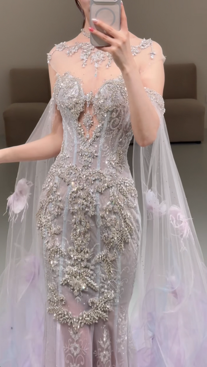 Chic Off-shoulder Mermaid Beaded Tulle Long Evening Dress Light Purple Prom Dress ED08530