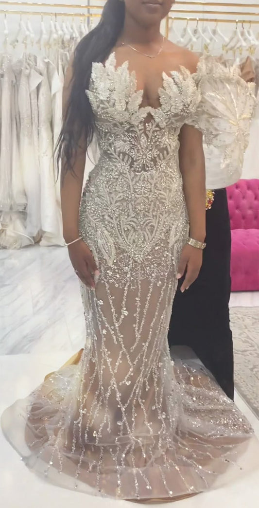 Chic Sweetheart Mermaid Beaded Satin Long Evening Dress Champagne Prom Dress ED08532