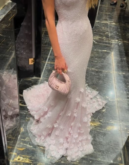 Chic Sweetheart Mermaid Beaded Tulle Long Evening Dress Pink Prom Dress ED08533