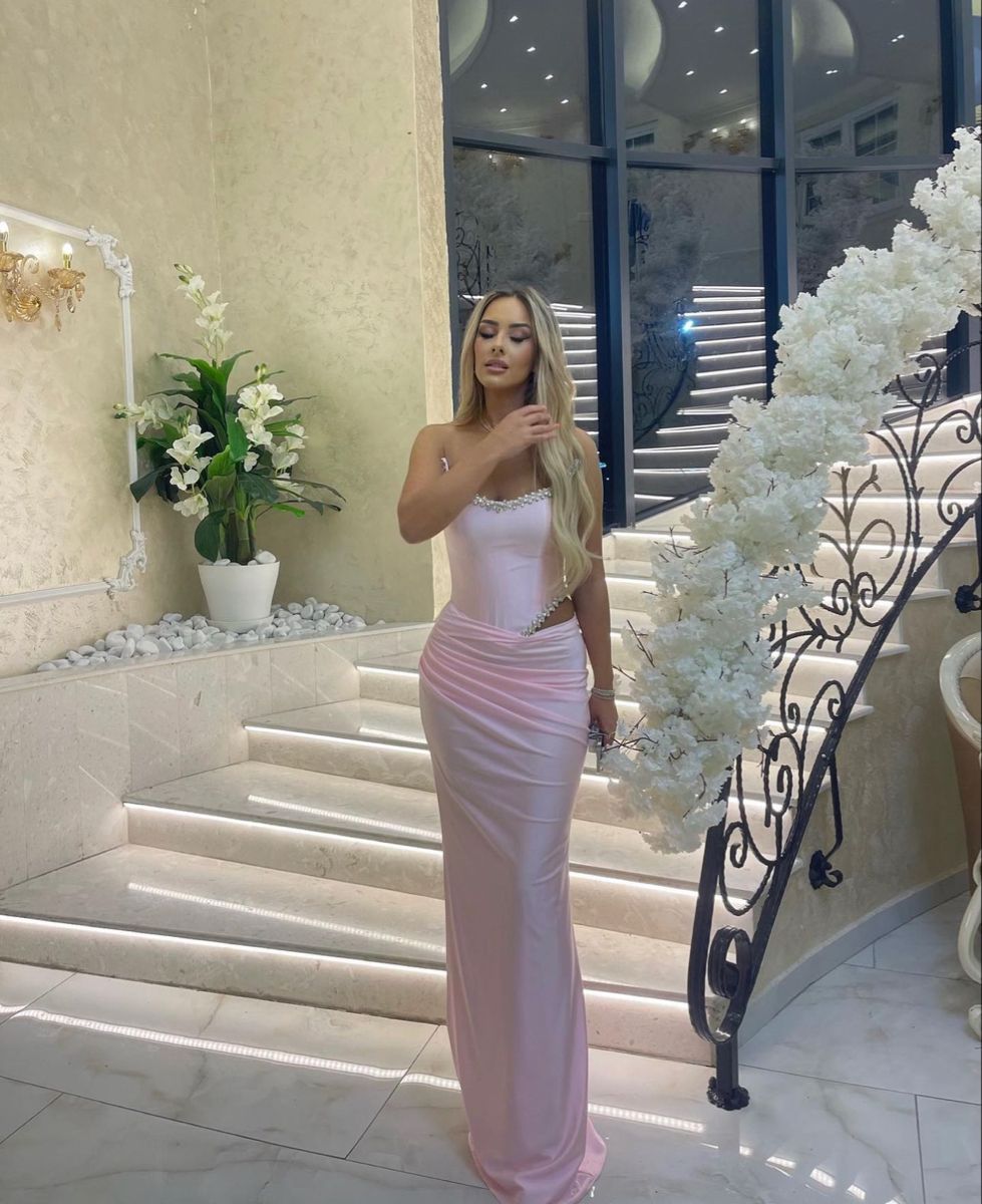 Simple Pink Wedding Guest Dress Strapless Sheath Satin Long Evening Dress ED08640