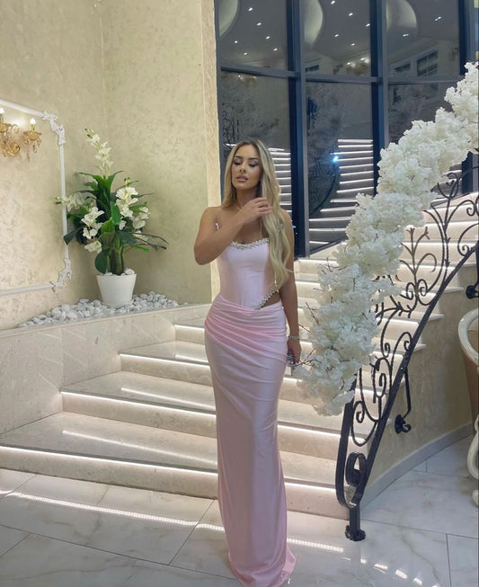 Simple Pink Wedding Guest Dress Strapless Sheath Satin Long Evening Dress ED08640