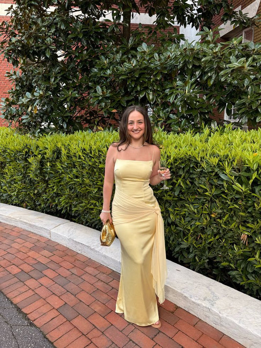 Simple Yellow Wedding Guest Dress Spaghetti Straps Sheath Chiffon Long Evening Dress ED08644