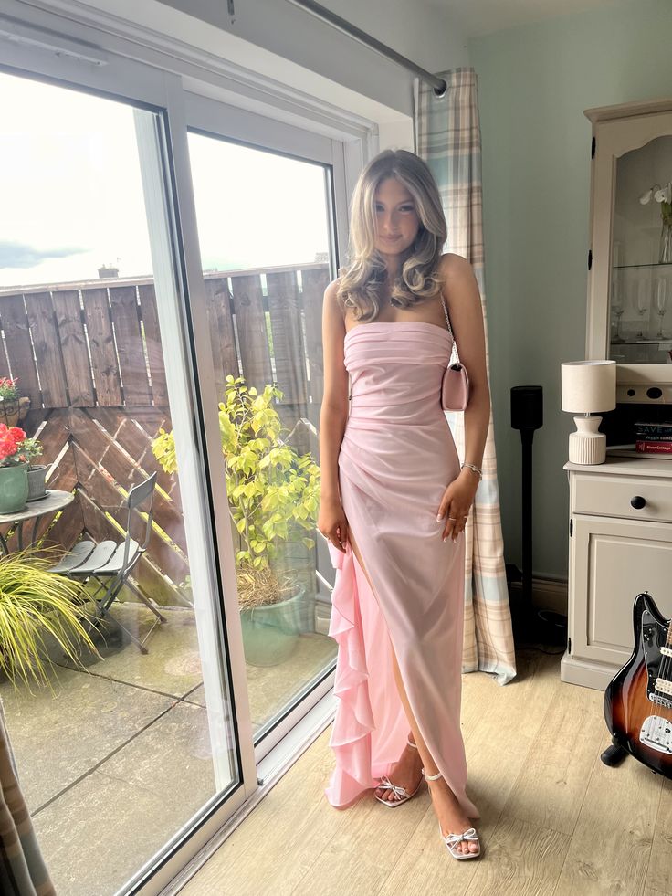 Simple Pink Wedding Guest Dress Strapless Sheath Chiffon Long Evening Dress ED08645