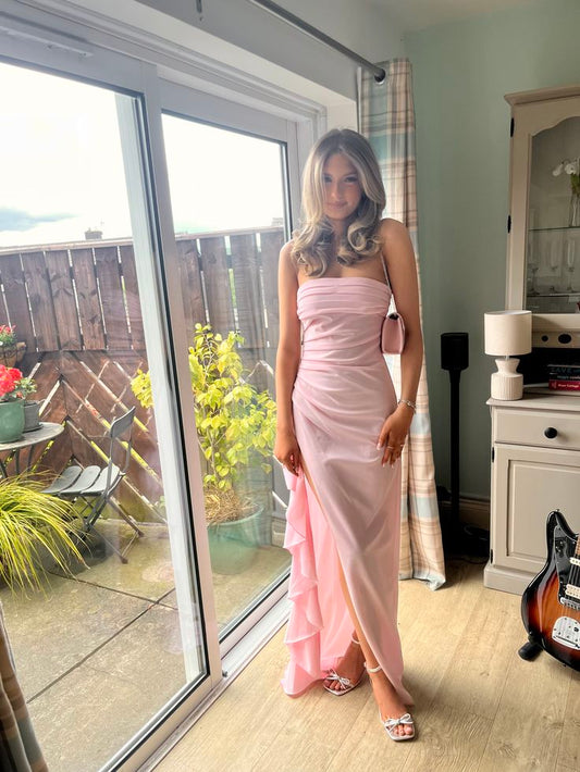 Simple Pink Wedding Guest Dress Strapless Sheath Chiffon Long Evening Dress ED08645