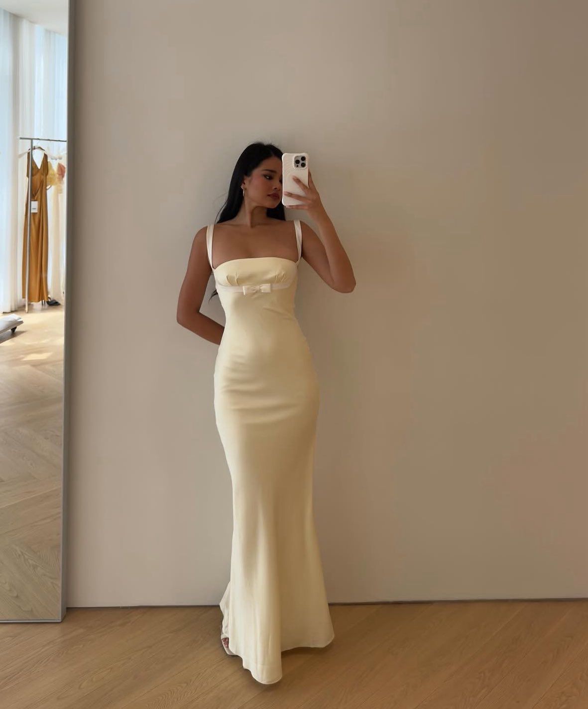 Simple Yellow Wedding Guest Dress Straps Sheath Chiffon Long Evening Dress ED08646