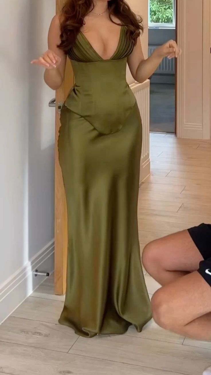 Simple Olive Green Wedding Guest Dress Halter Sheath Satin Long Evening Dress ED08648