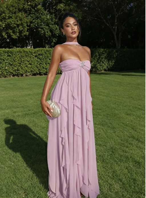 Elegantes Etui-Strandpartykleid in Altrosa, trägerloses Chiffon-Abendkleid ED08588