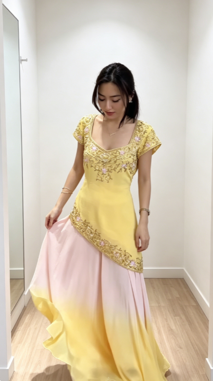 Chic V-neck Sheath Chiffon Beaded Long Evening Dress Yellow Prom Dress ED08649