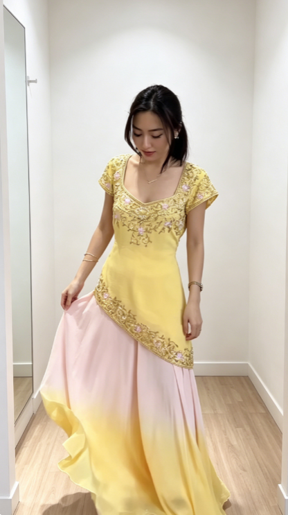 Chic V-neck Sheath Chiffon Beaded Long Evening Dress Yellow Prom Dress ED08649