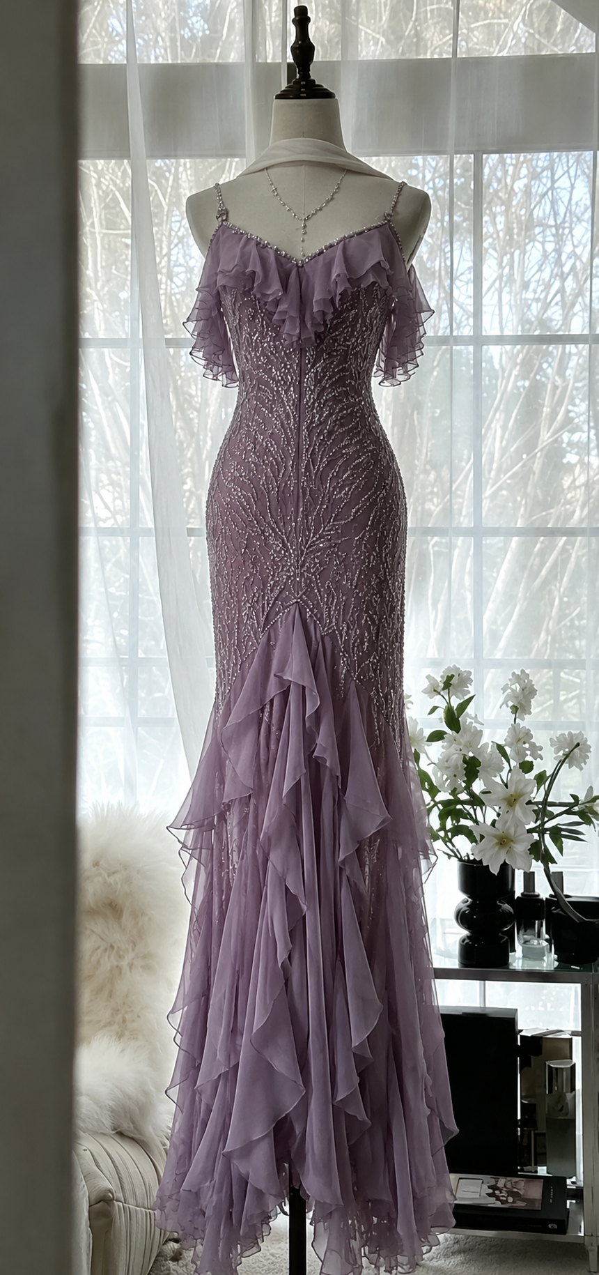 Chic Spaghetti Straps Sheath Chiffon Beaded Long Evening Dress Purple Prom Dress ED08650