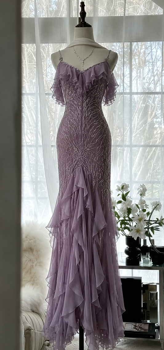 Elegantes, langes Abendkleid aus Chiffon mit Spaghettiträgern und Perlenbesatz, Etui-Stil, Lila, Ballkleid ED08650