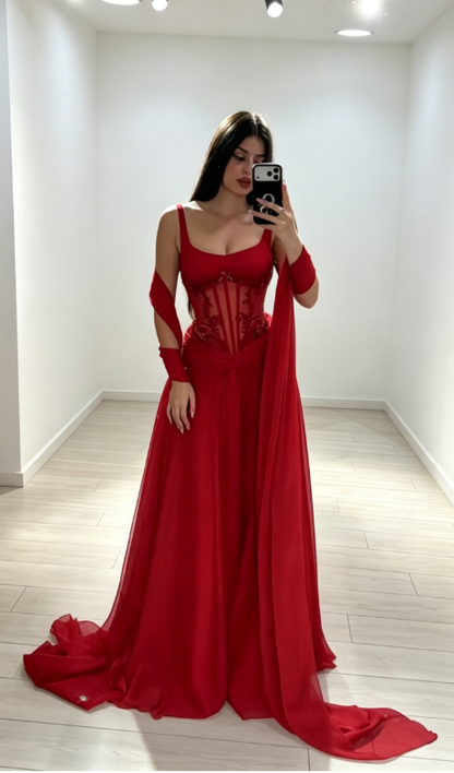 Chic Straps A-Line Chiffon Long Evening Dress Red Prom Dress ED08651