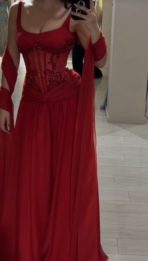 Chic Straps A-Line Chiffon Long Evening Dress Red Prom Dress ED08651