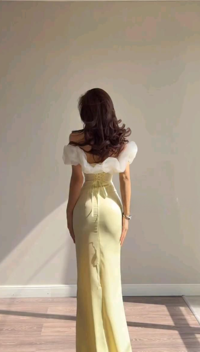Elegant Off-shoulder Sheath Satin Long Evening Dress Yellow Prom Dress ED08653