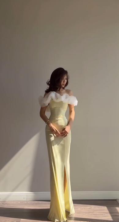 Elegant Off-shoulder Sheath Satin Long Evening Dress Yellow Prom Dress ED08653