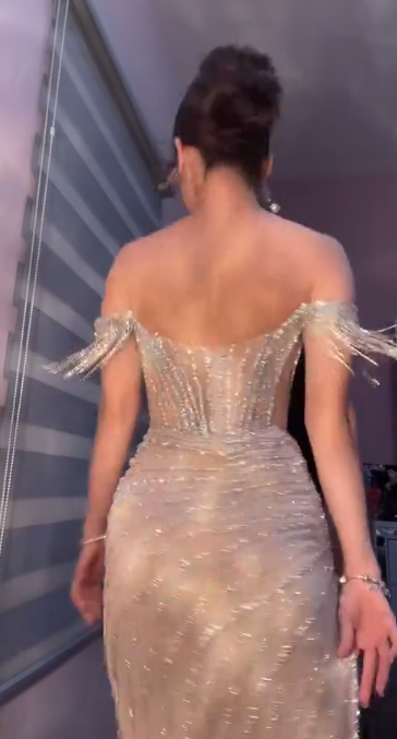 Elegant Off-shoulder Sheath Tulle Long Evening Dress Champagne Prom Dress ED08654