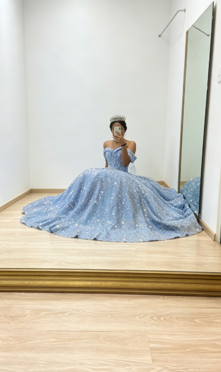 Cute Off-shoulder Sweet 16 Dress A-Line Sequins Long Evening Dress Blue Prom Dress ED08655