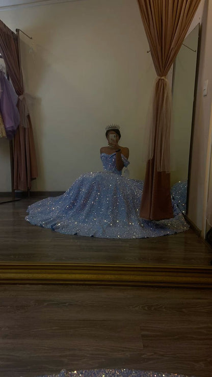 Cute Off-shoulder Sweet 16 Dress A-Line Sequins Long Evening Dress Blue Prom Dress ED08655