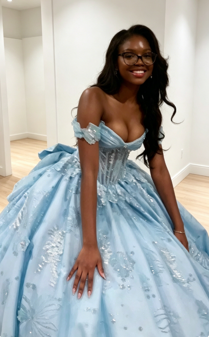 Cute Off-shoulder Sweet 16 Dress A-Line Tulle Applique Long Evening Dress Blue Prom Dress ED08656