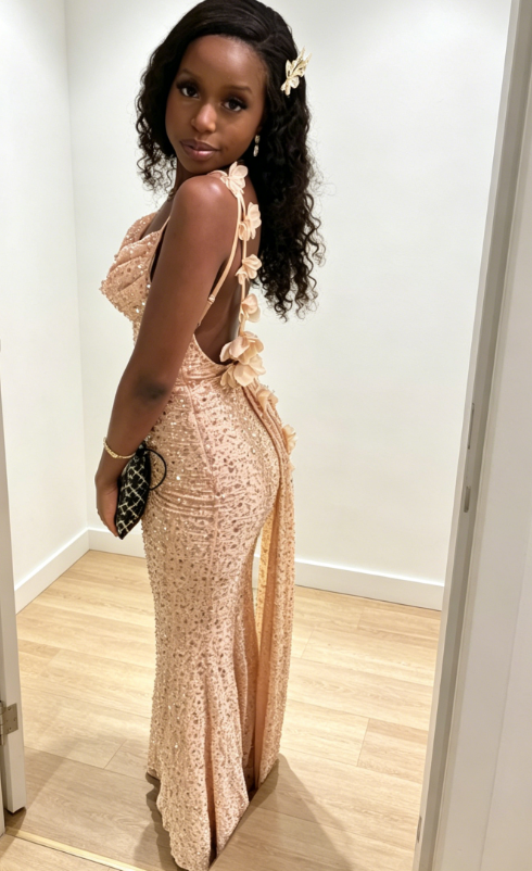 Sexy Spaghetti Straps Mermaid Chiffon Sequins Long Evening Dress Champagne Prom Dress ED08657