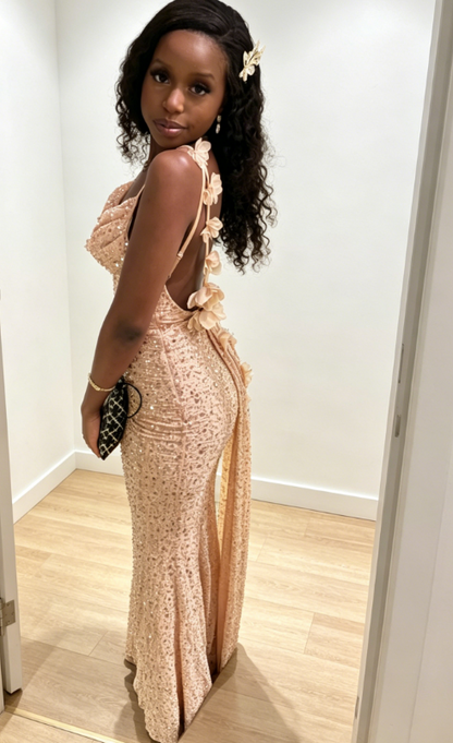 Sexy Spaghetti Straps Mermaid Chiffon Sequins Long Evening Dress Champagne Prom Dress ED08657